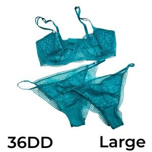 Adore Me | ‘Evah’ Teal Lace Bra 36DD & 2 High Cut Bikini Panties Large